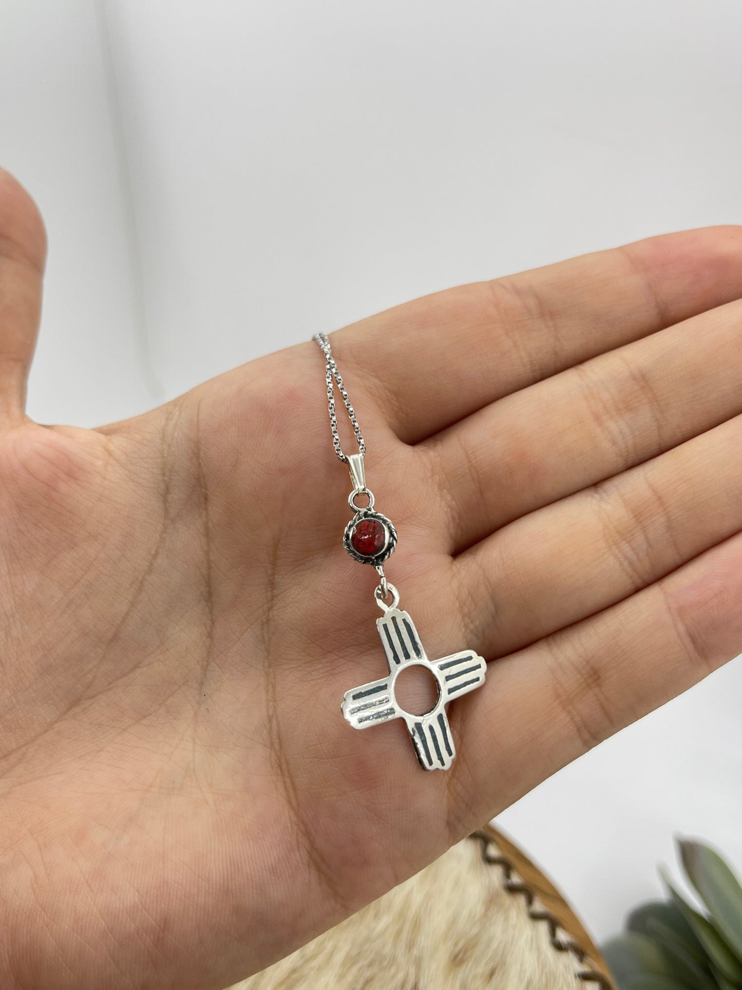 16" Chip Inlay Turquoise and Red Coral Stone and Zia Symbol Necklace