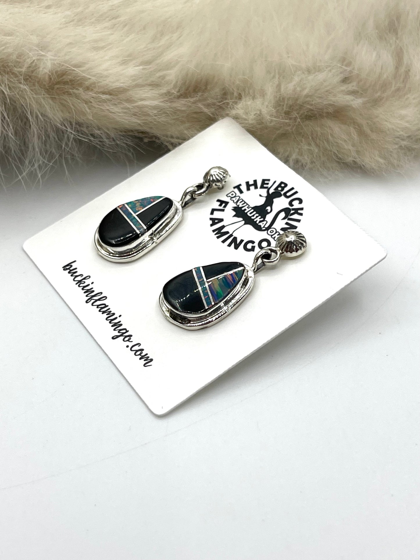 Opal and Onyx Earrings by James Manygoats, Navajo