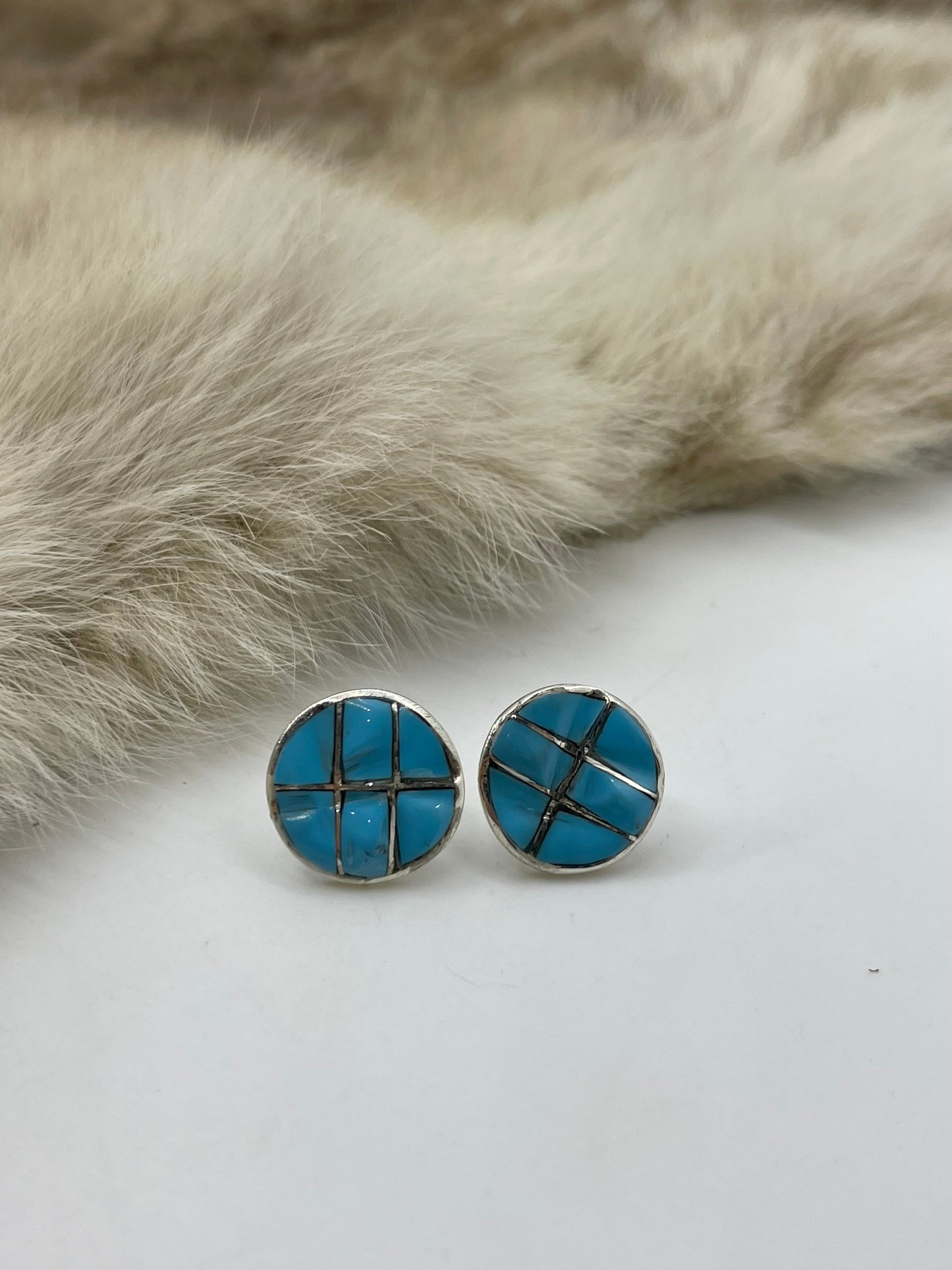 CIRCLE INLAY TURQUOISE POST IN CENTER EARRINGS BY LILY MALANI, ZUNI