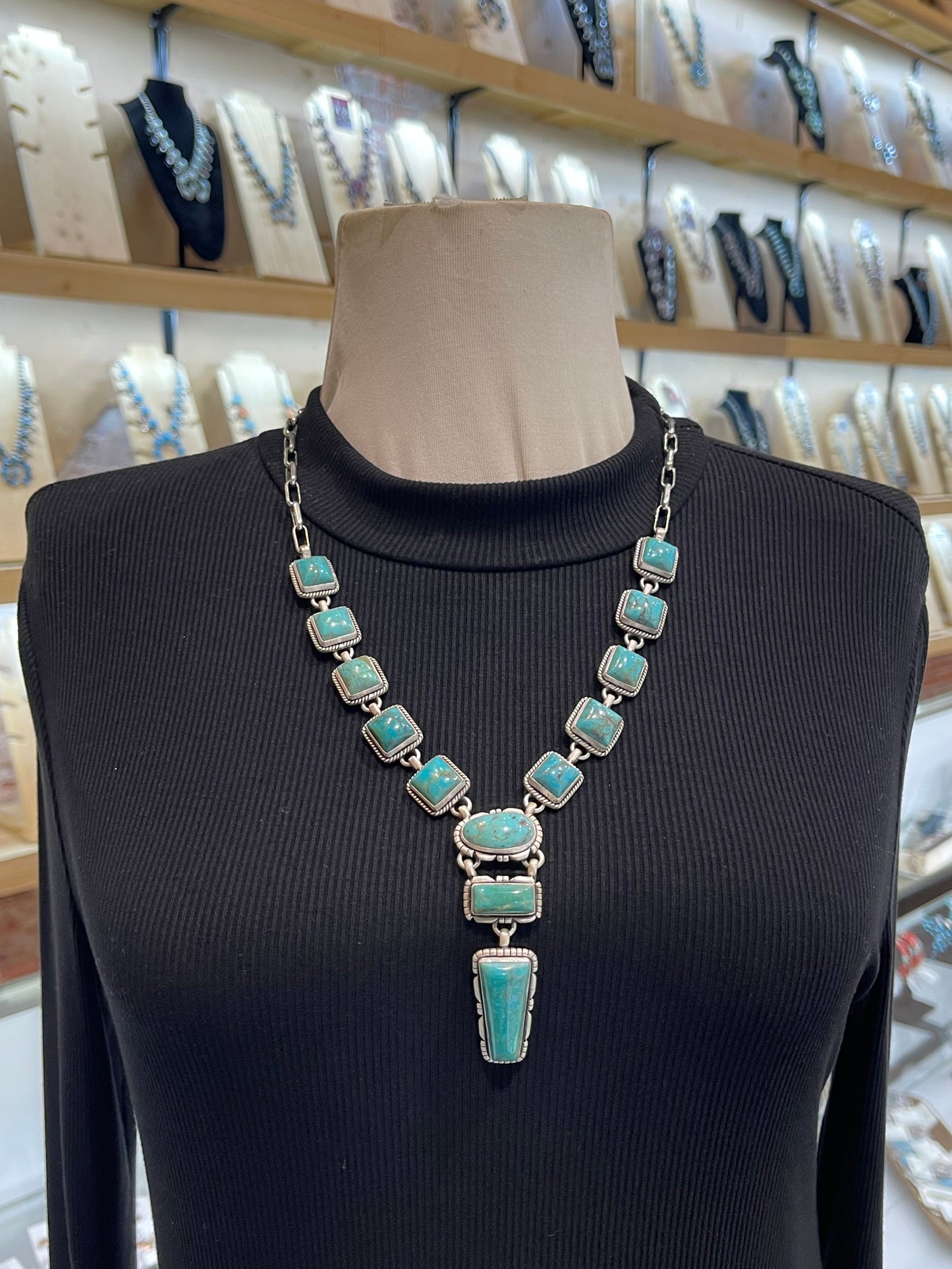 22" Square Turquoise Lariat Necklace Paperclip Chain by Kevin Nez, Navajo