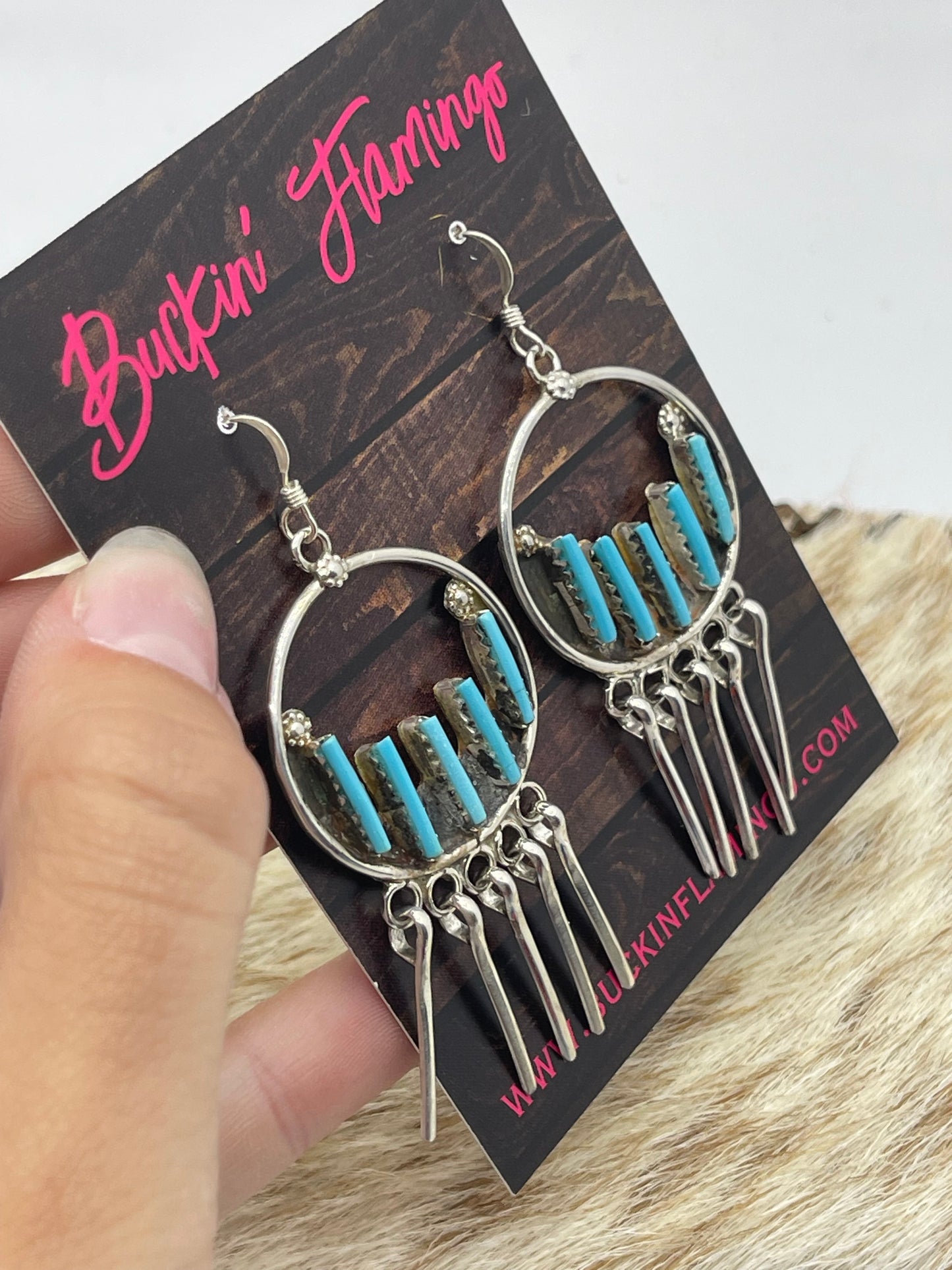 Needlepoint Turquoise Dream Catcher Dangle Earrings by Kathryn Qualo, Zuni