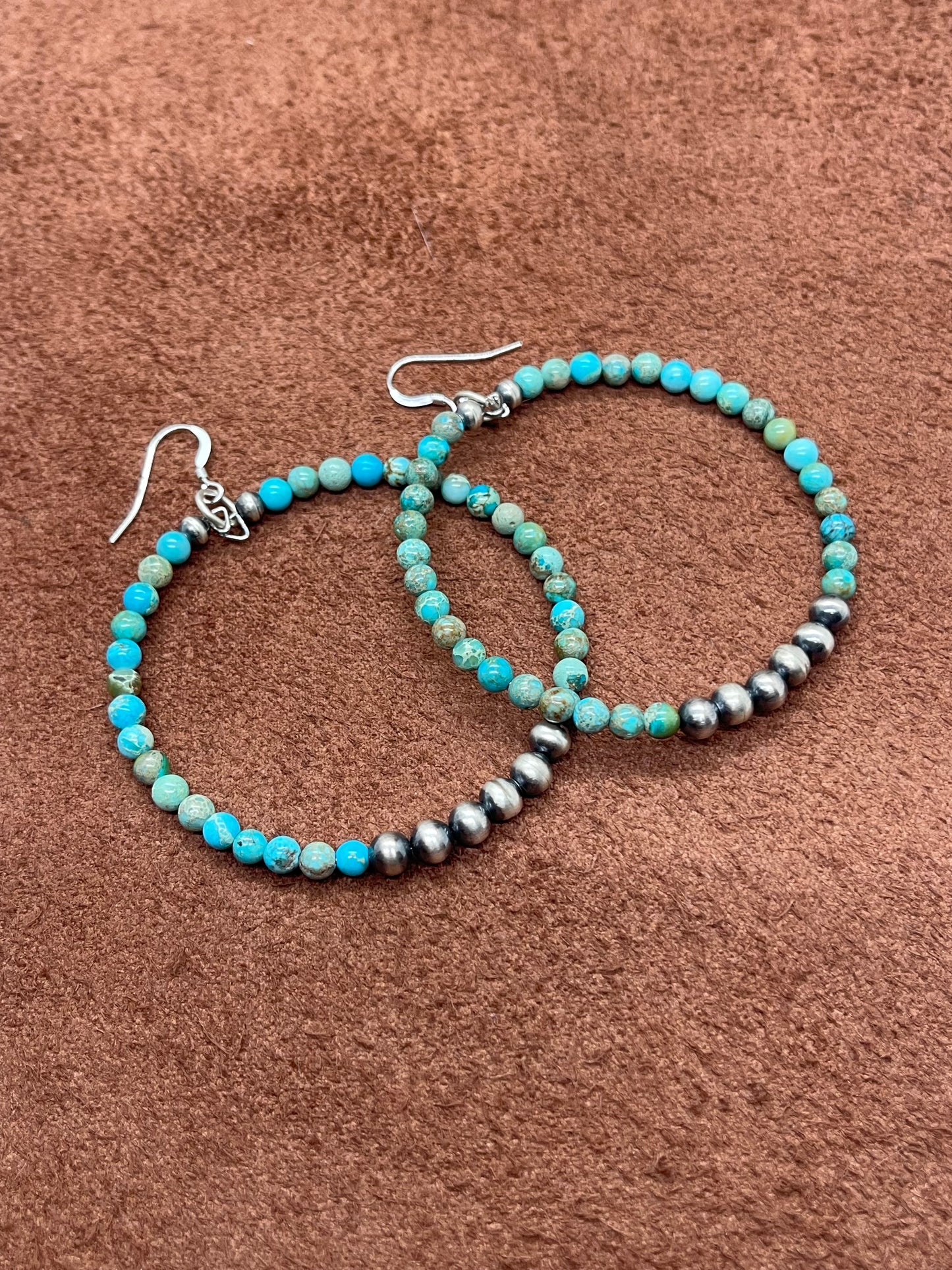 Turquoise and Handmade Navajo Pearls Hoop Dangle Earrings by Louise Joe, Navajo