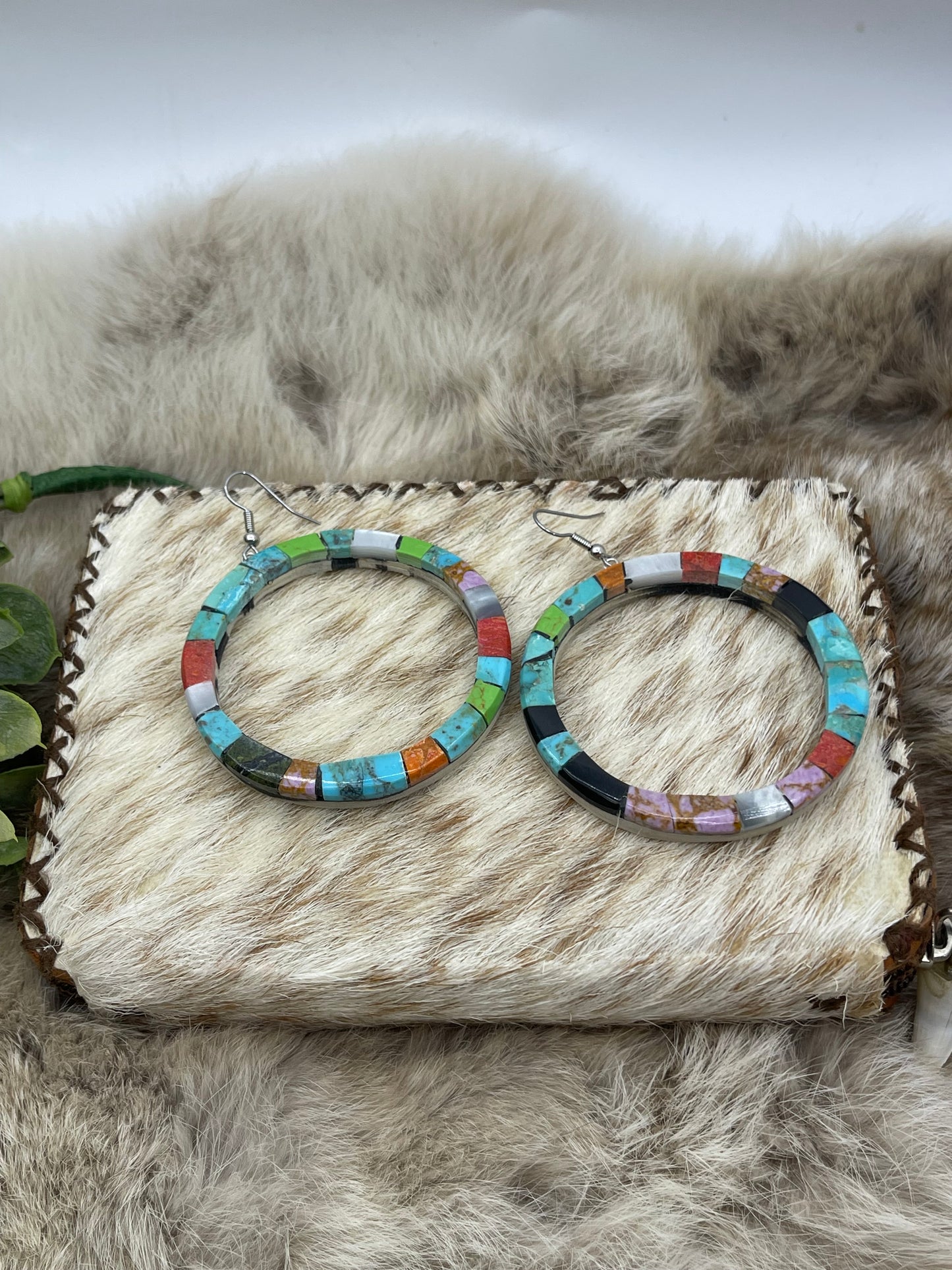 Multi Stone Inlay Hoop Earrings by Jolene Bird, Santo Domingo