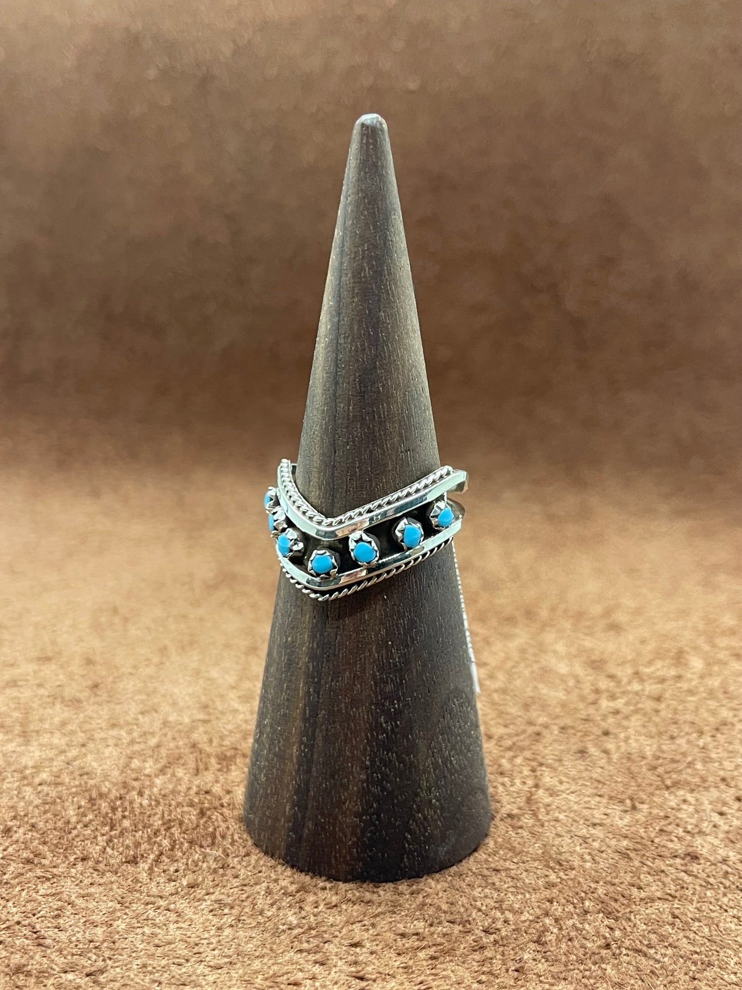 7.5 7 Stone Turquoise Chevron Ring by Susie Livingston, Zuni