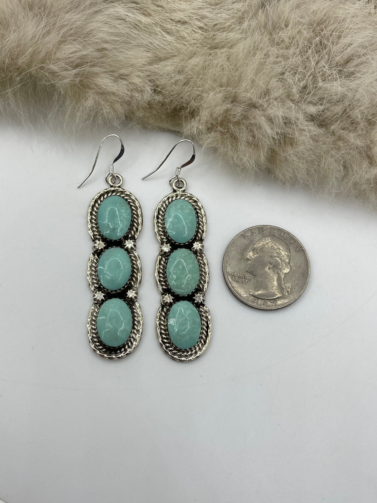 3 Stone Turquoise Dangle Earrings by Phyllis A. Smith, Navajo