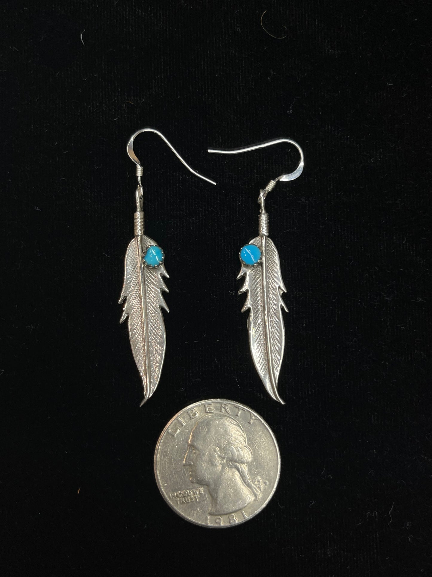 Feather Dangle Earrings with Turquoise Stone by Louise Joe, Navajo