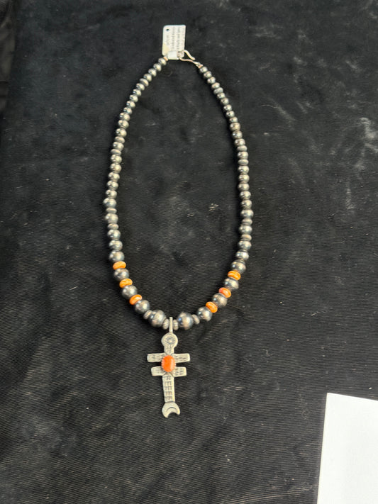 LOT 15 9/20 14" Graduated Navajo Style Pearls and Spiny Oyster Shell with Double Cross