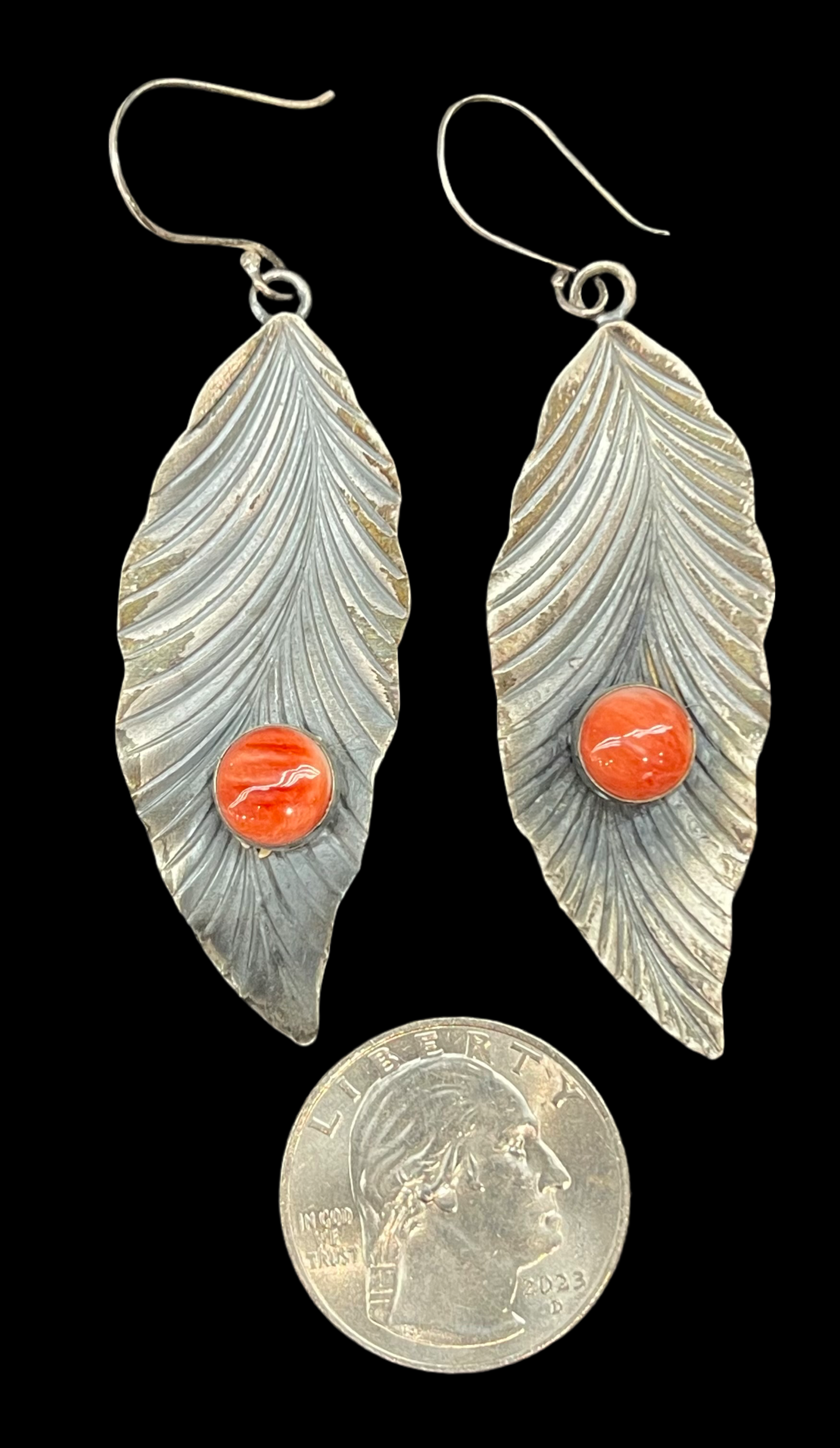 Dangle Feather Earrings with Spiny Oyster Shell