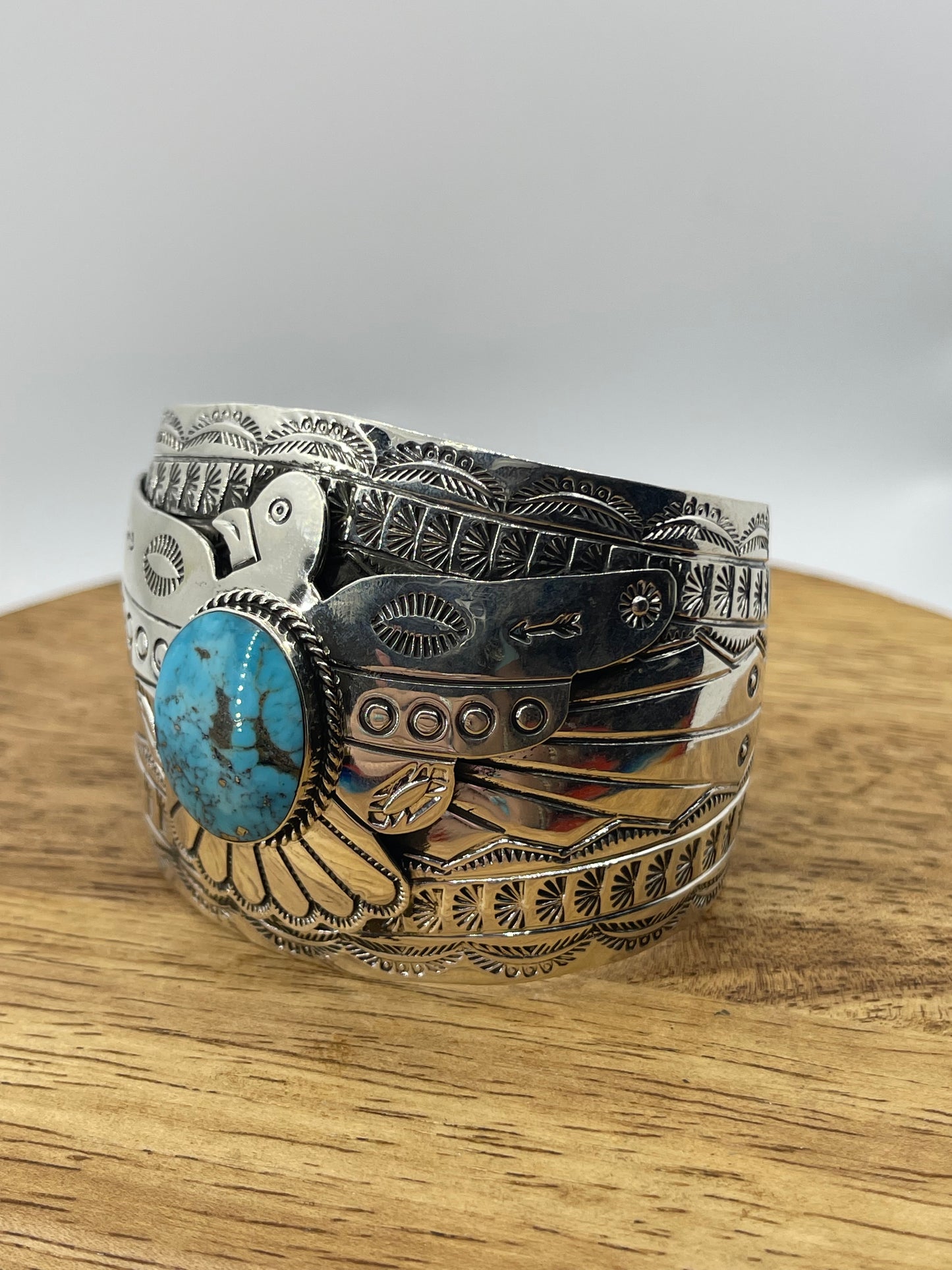 Thunderbird Cuff w/Turquoise by Evelyn BaHe, Navajo