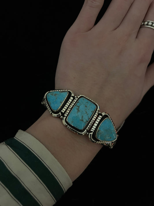 5 3/4"-7" 3 Stone Heavy Silver Turquoise Cuff by Jimson Belin, Navajo