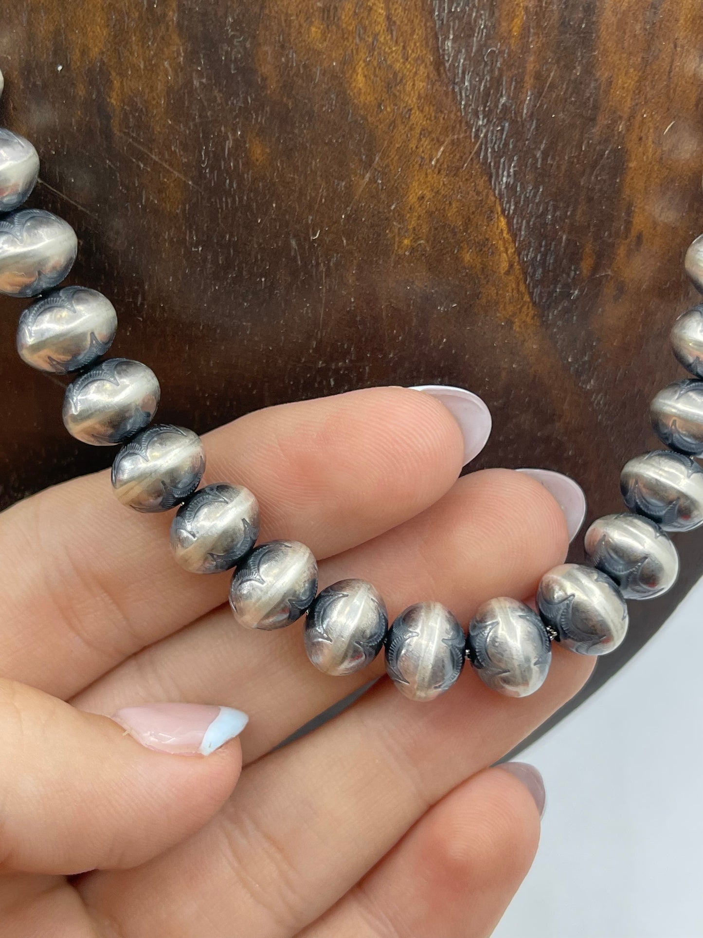 18" 10.25 MM 1/2" Rondelle-Stamped Handmade Pearls by Bryannen Halwood, Navajo