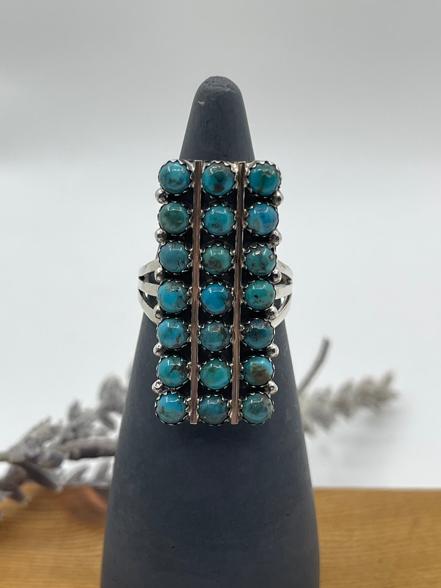 9.0 21 Stone Turquoise Ring by Kenny Lonjose, Navajo