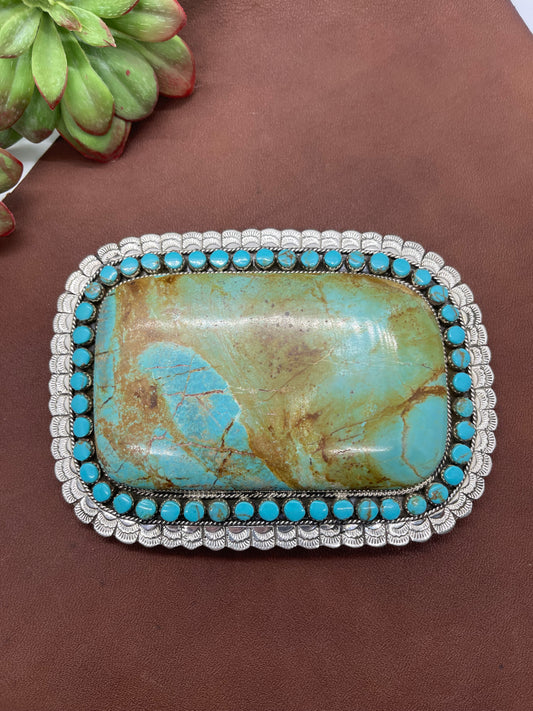 5 1/2"x4" Large Kingman Turquoise Belt Buckle by Larry Etsitty, Navajo