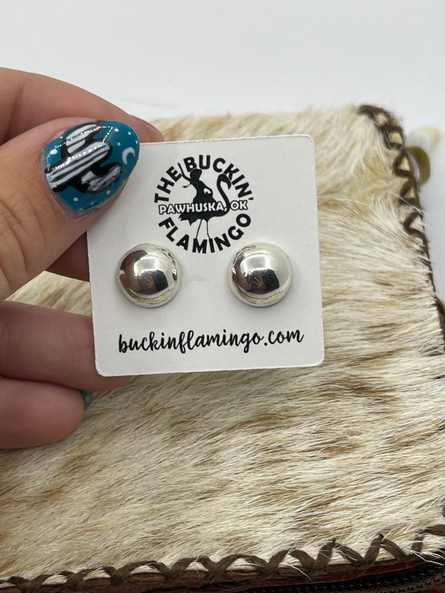 10mm Silver Half Pearl Post Earrings by Gloria Harvey, Navajo
