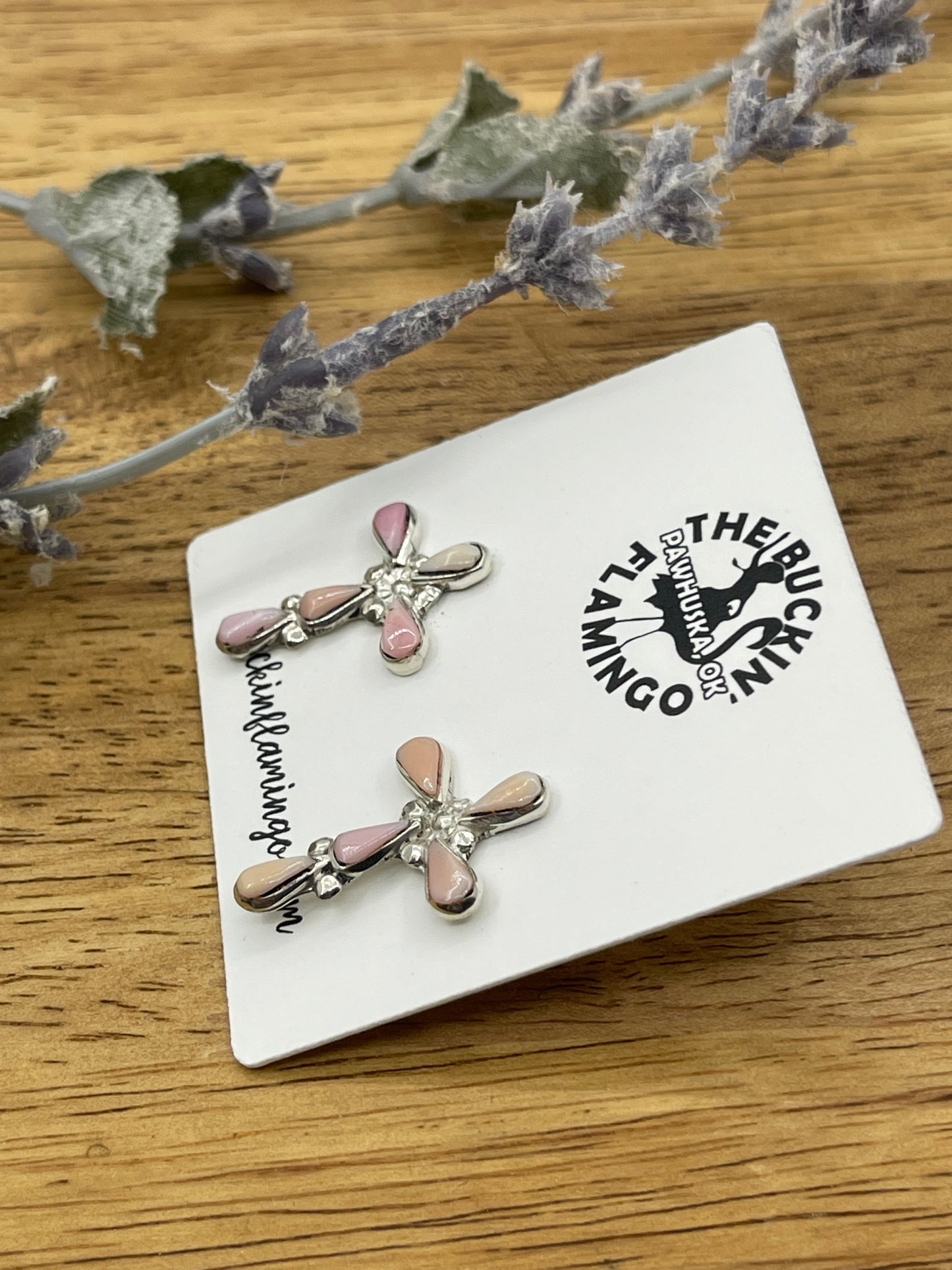Pink Conch Shell Cross Post Earrings by Bryce Vacit, Zuni