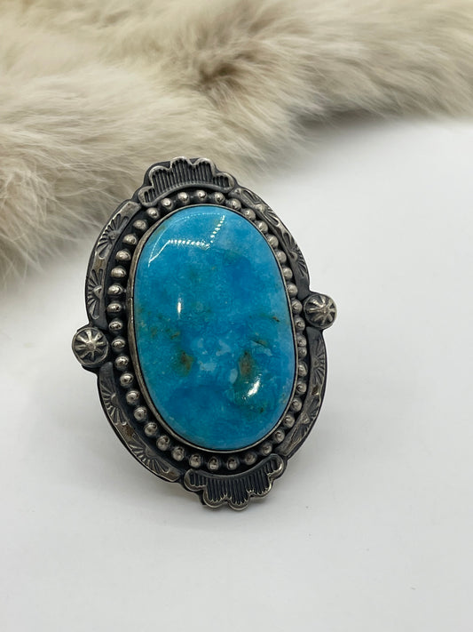 7.5 Oval Turquoise Ring by Steven Nez, Navajo