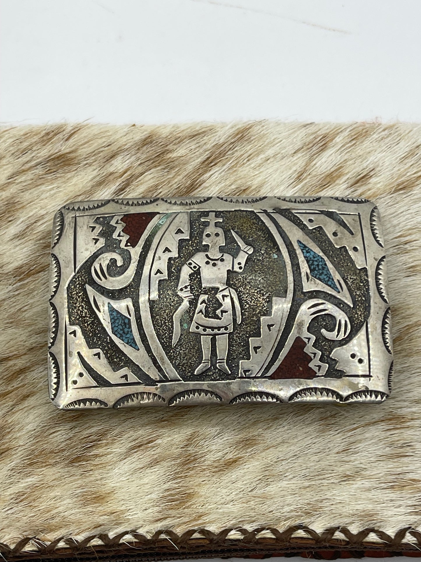 Red Coral and Turquoise Chip Inlay Belt Buckle by Ray Begay, Navajo