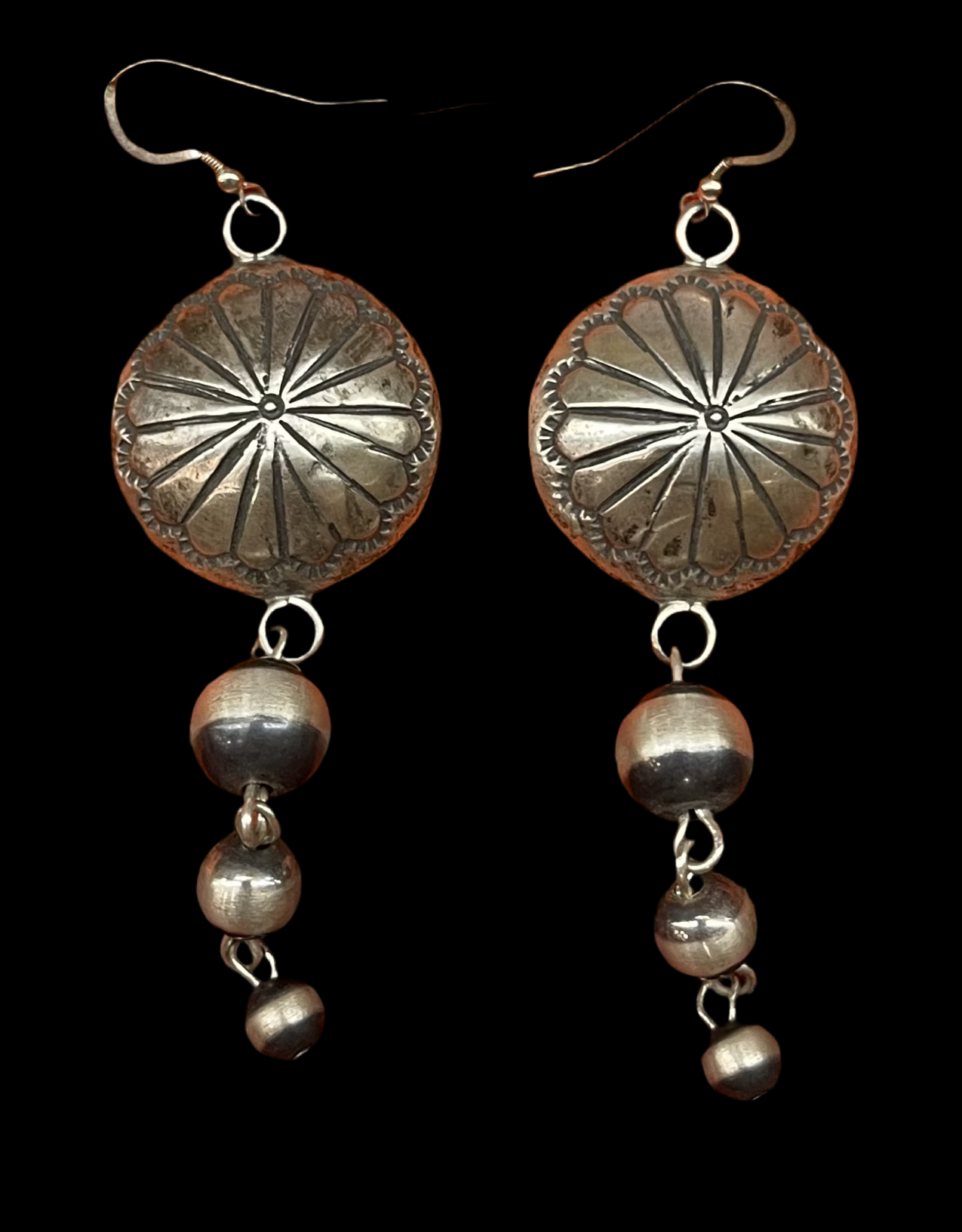 Stamped Serling Silver Discs with Graduating Navajo Pearl Dangle Earrings by Russell Sam, Navajo