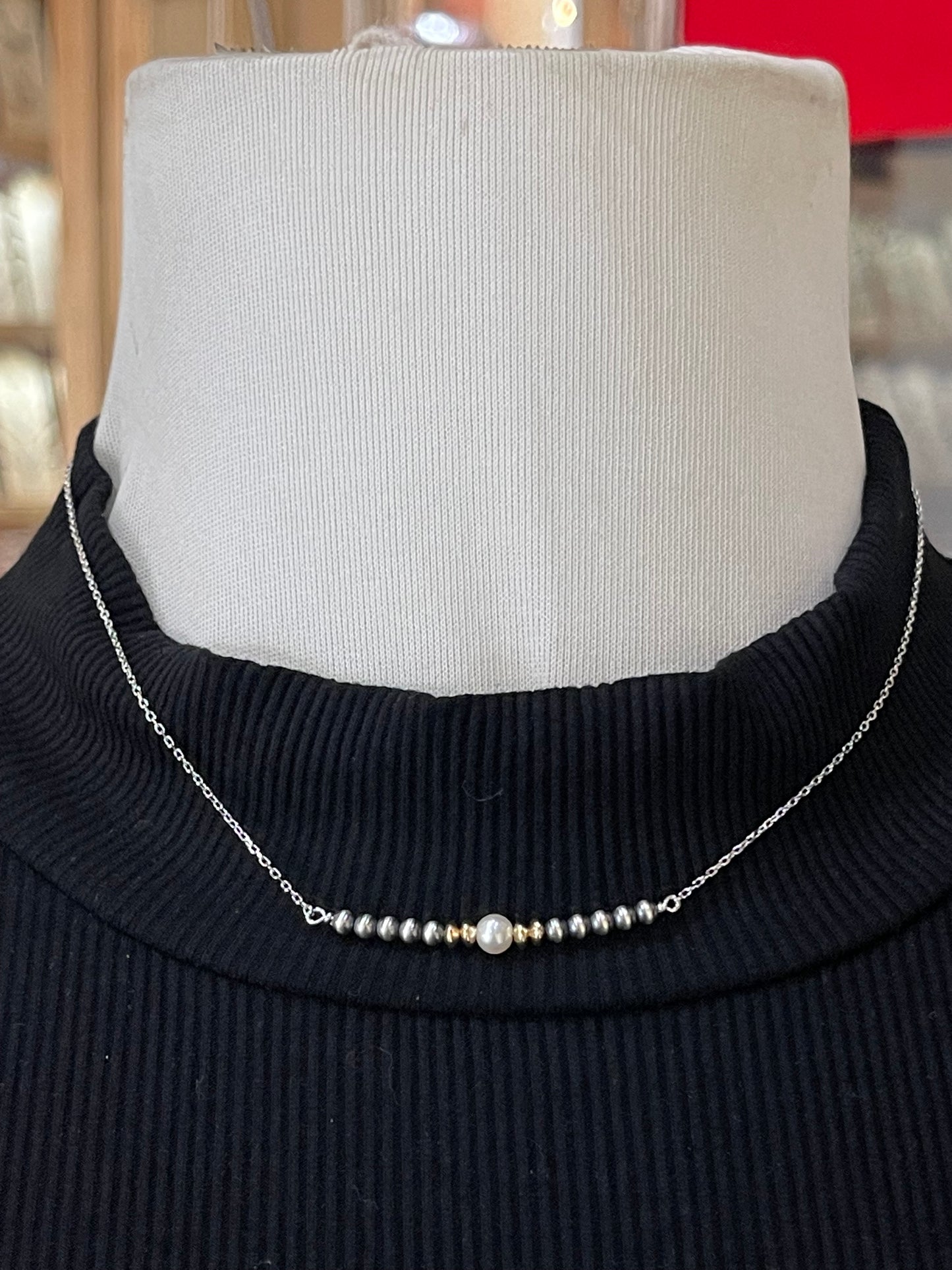 16" 3mm Navajo Pearl, 5mm Freshwater Pearl, and 4mm 14k Gold Filled Beaded Necklace