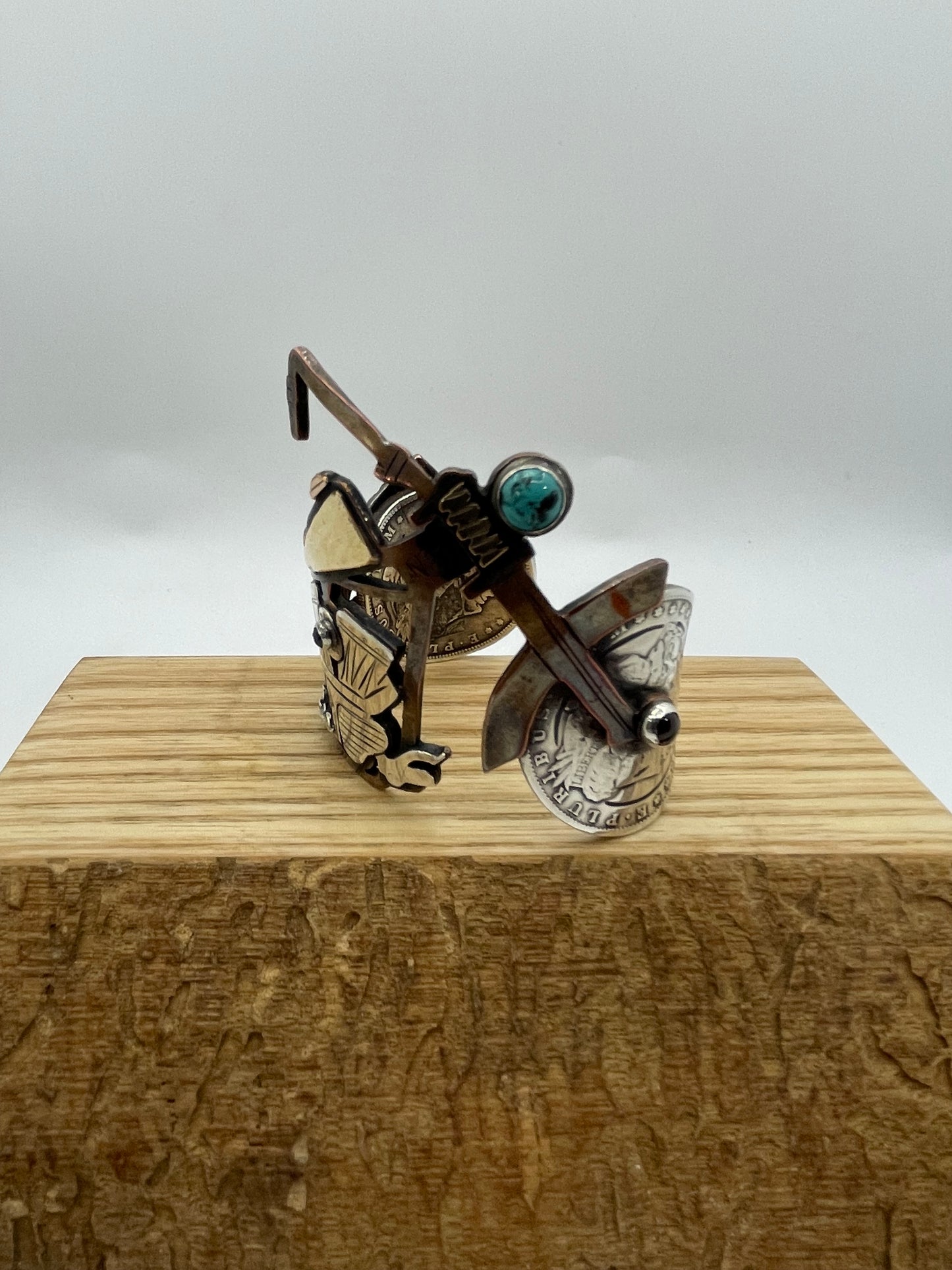 6.5 14K Solid Gold Sterling, Brass Antique Silver Dollars, Amber & Turquoise Cuff