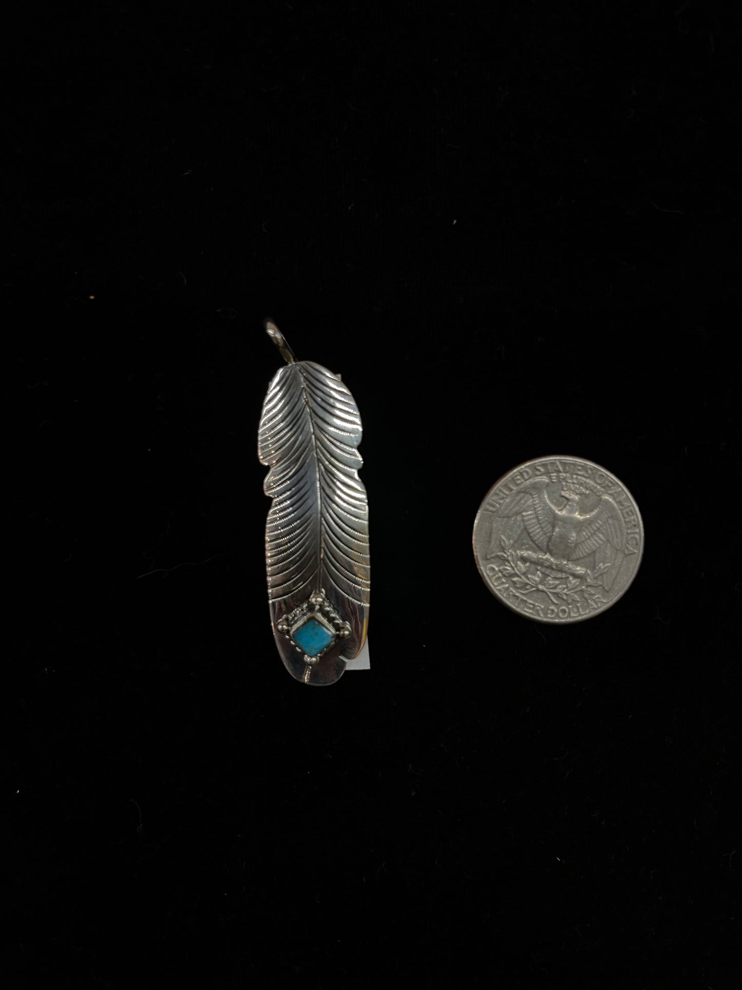 Turquoise Feather Pendant with a 3mm Bale by Raymand Yazzie, Navajo