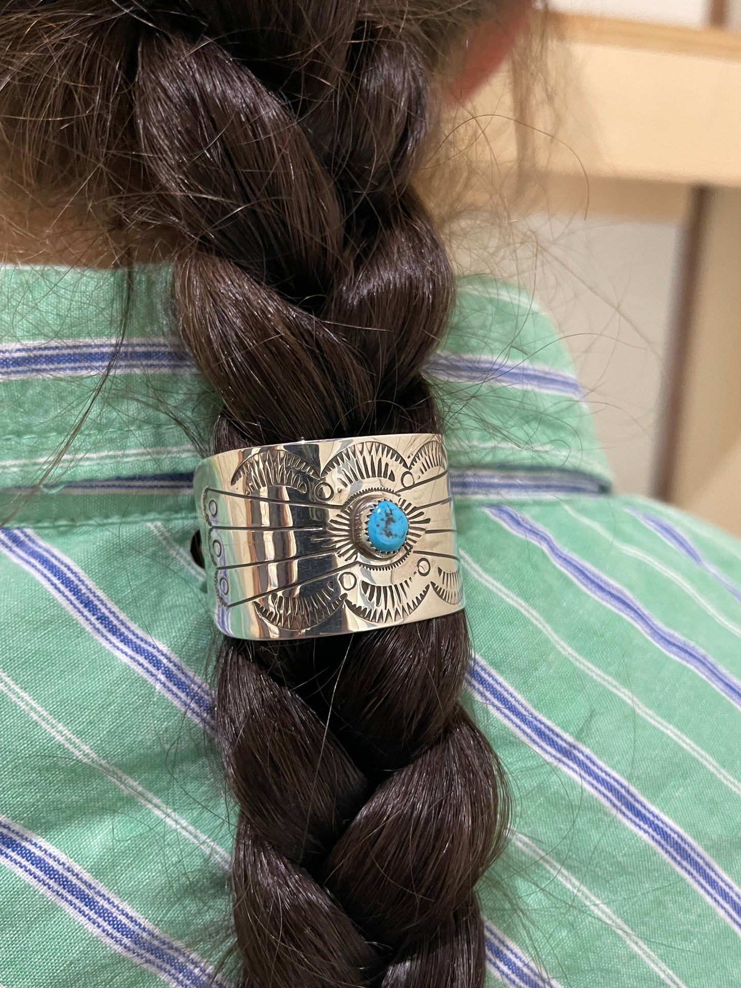 Turquoise Stamped Ponytail Barrette by Joann Silver, Navajo