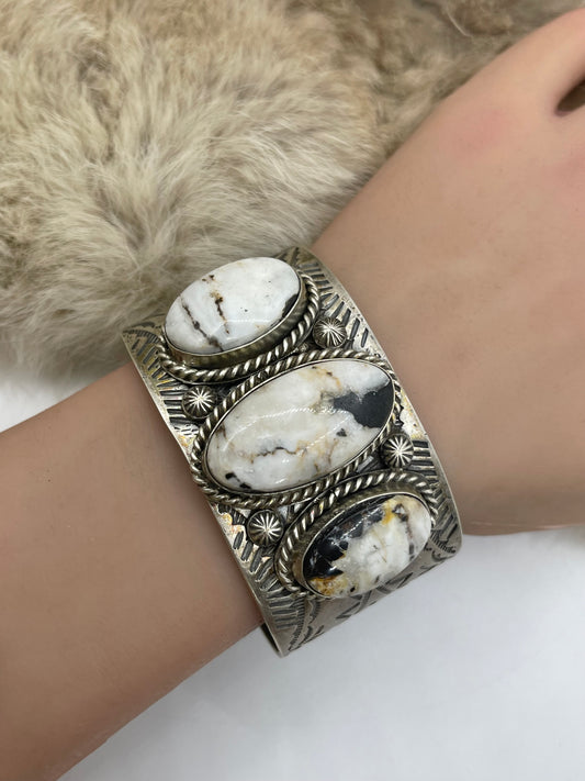 6.75"-7.25" 3 Stone White Buffalo Cuff by Boyd J. Ashley, Navajo