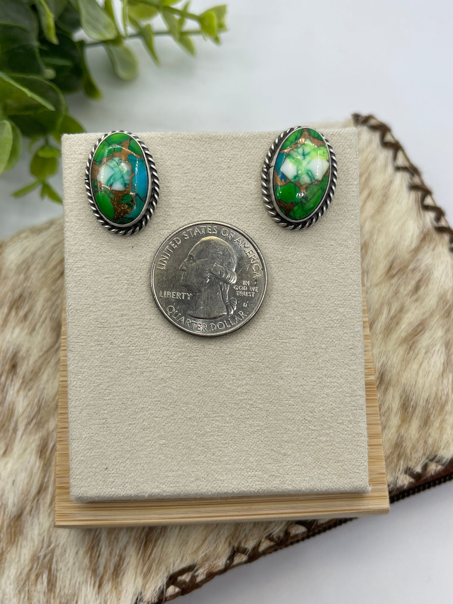 Peacock Dahlia Oval Post Earrings by Chassity Belone, Navajo
