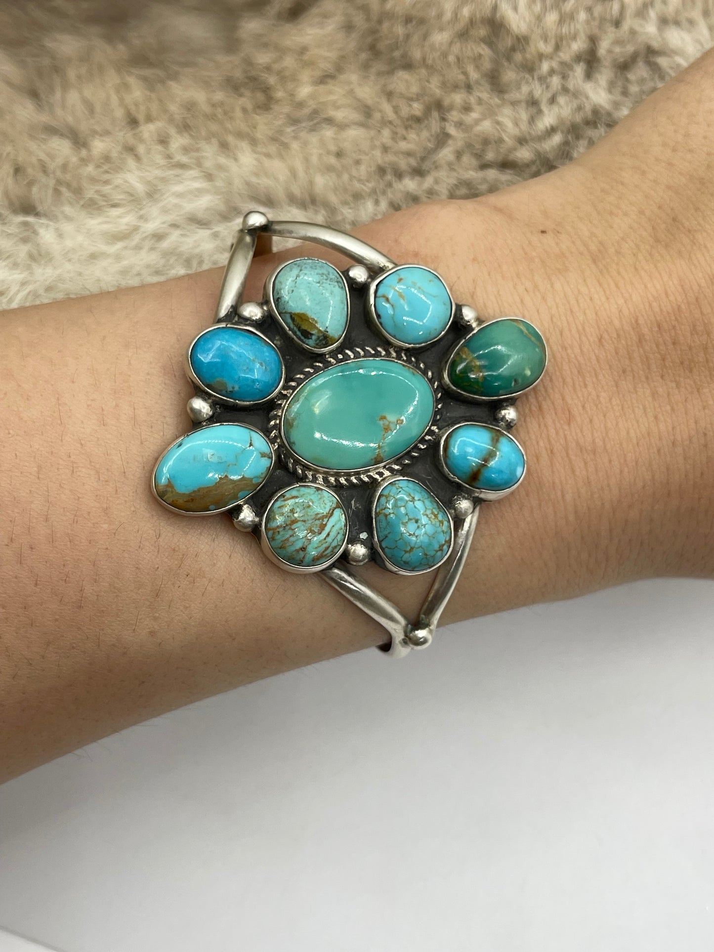 5.5"-7" Kingman Turquoise Cluster Cuff by Geraldine James, Navajo
