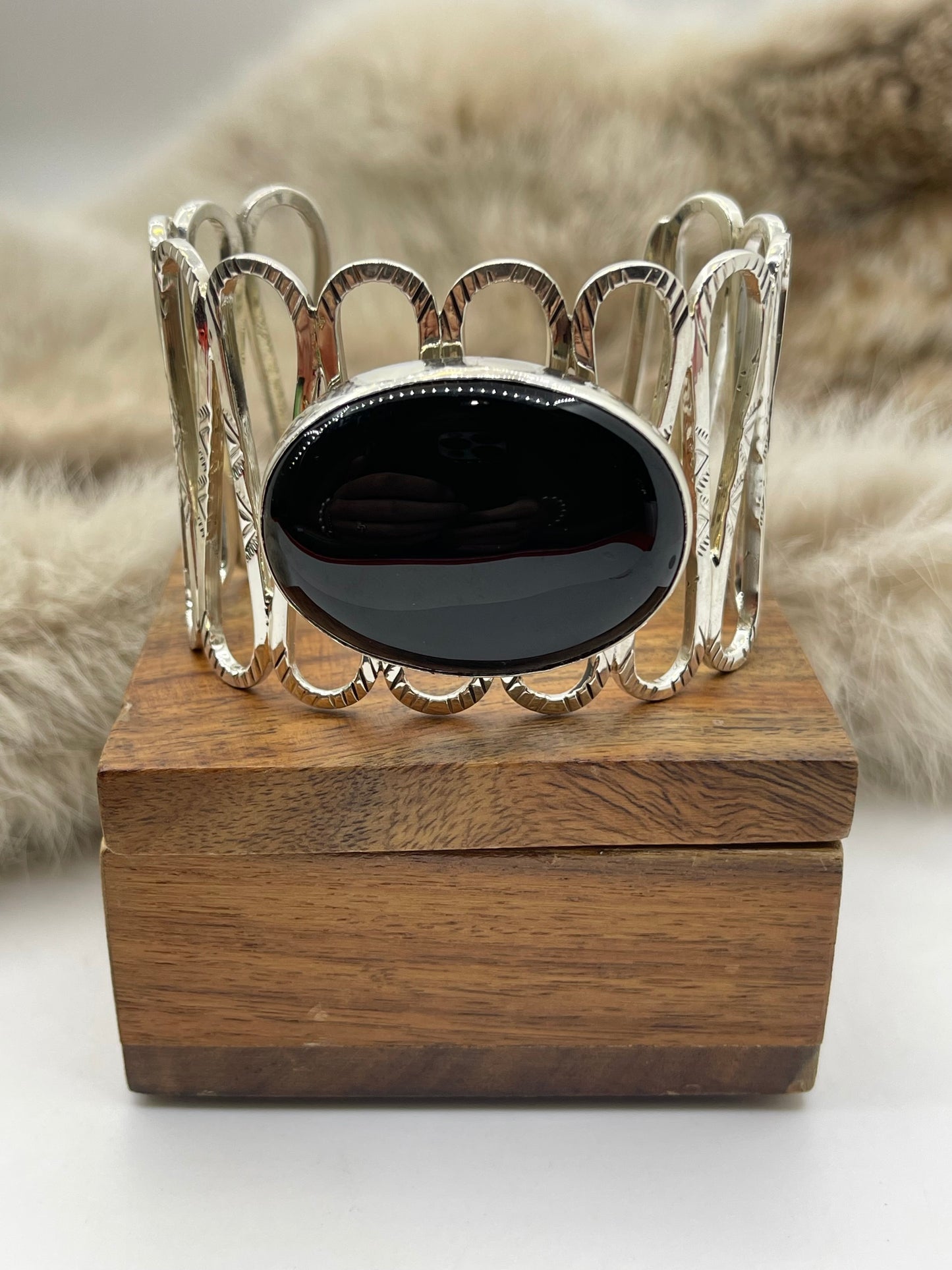7" Black Onyx Teardrop Cuff by Maxie Bahe, Navajo