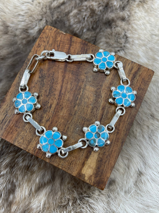 7.5" Inlay Flower Link Bracelet by Benina Kallestewa, Zuni