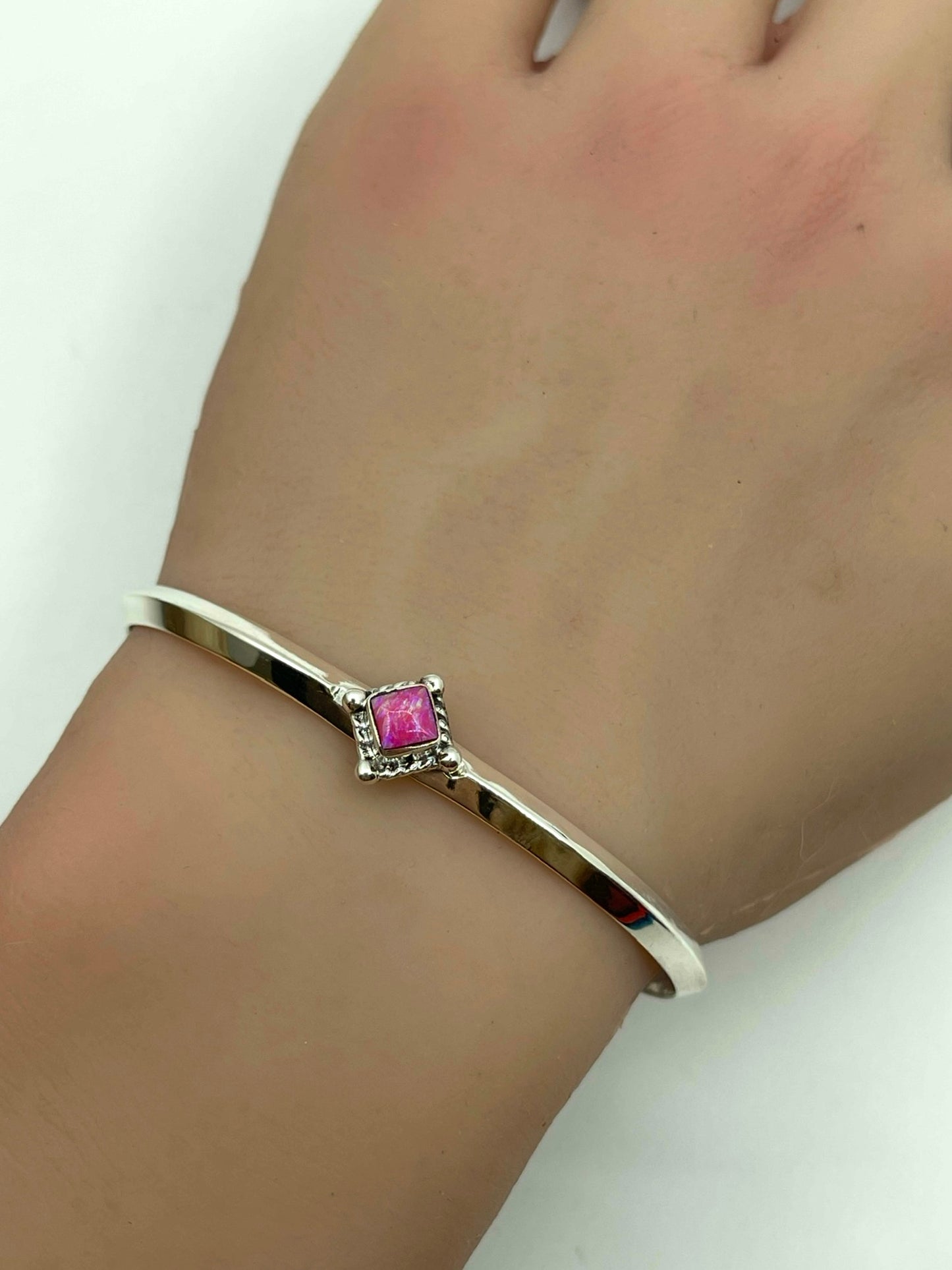5 3/4"-7 1/4" Hot Pink Opal Triangle Wire Cuff by Gabriel Belin, Navajo