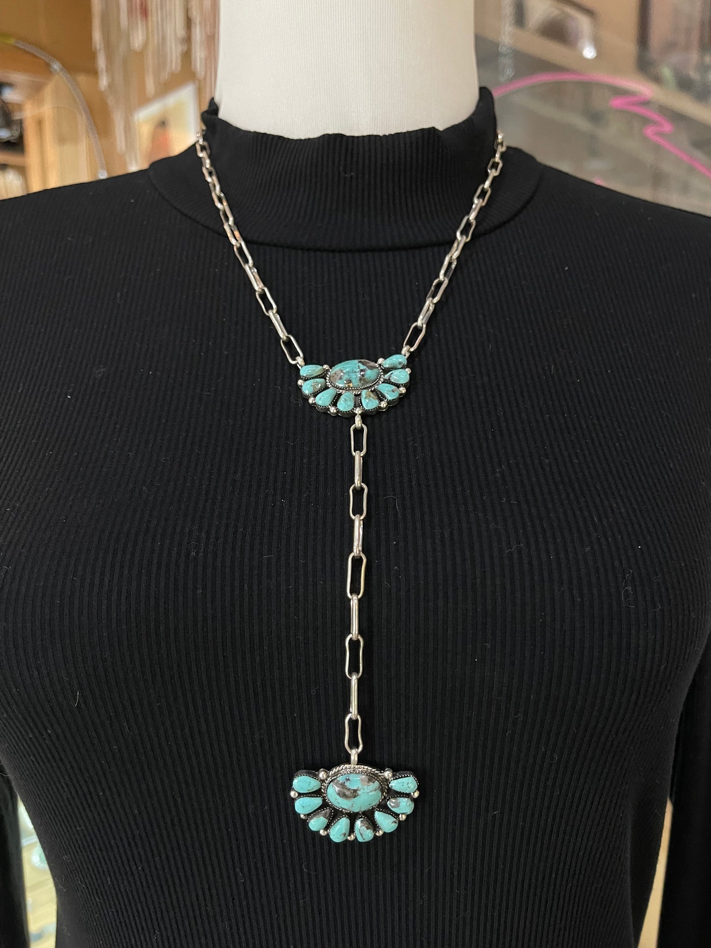 18"+6" Turquoise Half Cluster Lariat Necklace by Gregg Yazzie, Navajo