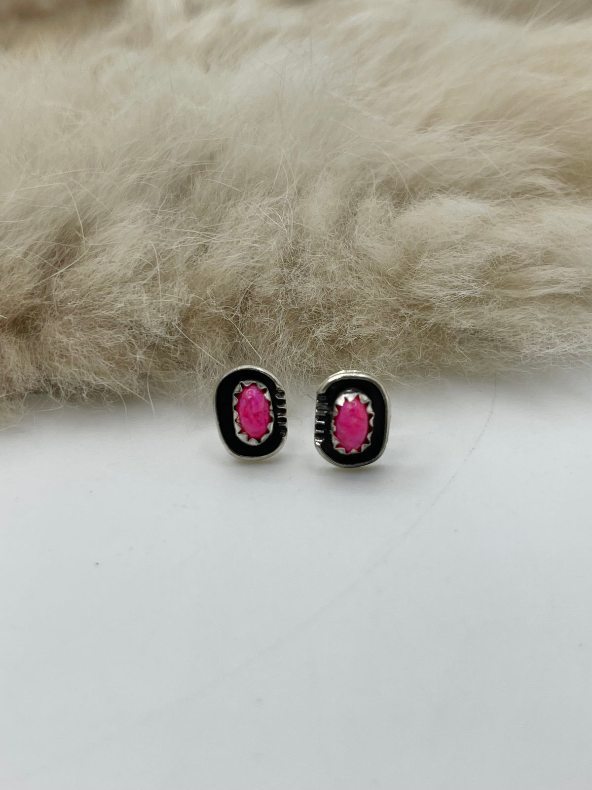 Hot Pink Opal Post Earrings by Roselene Joe, Navajo
