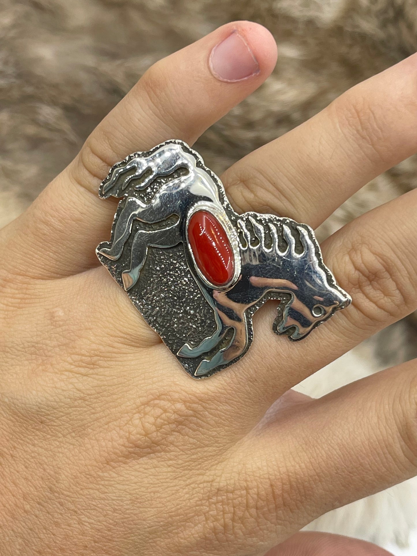 7.0 Red Coral Horse Ring by Marie Jackson, Navajo