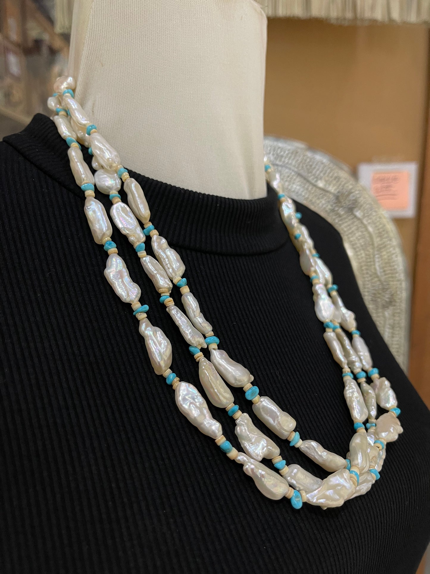 22" 3 Strand Turquoise, Freshwater pearls, and Melon Shell Necklace