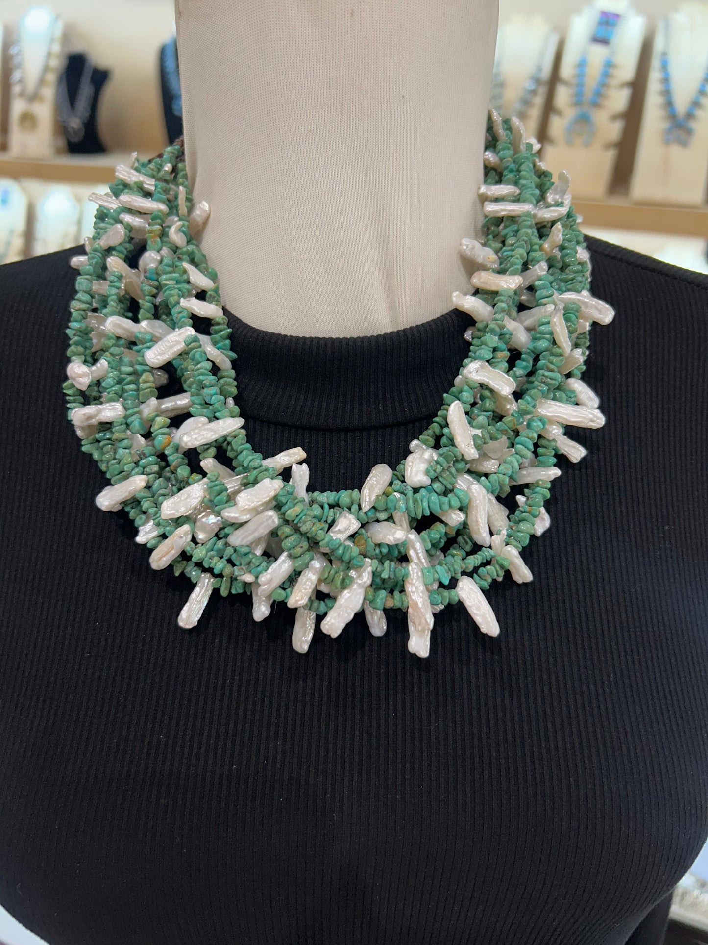 21" Royston Turquoise & Fresh Water Pearl 12 Strand Necklace