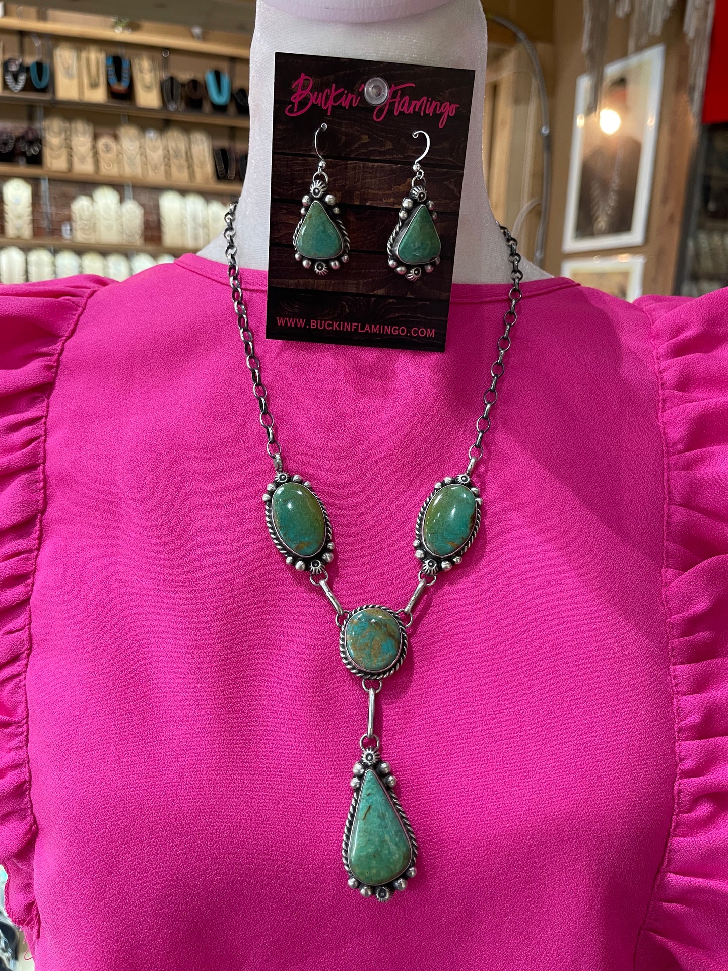 24" Turquoise Lariat Necklace and Dangle Earrings Set by Augustine Largo, Navajo