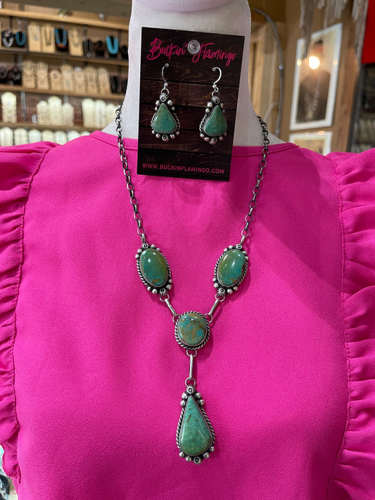 24" Turquoise Lariat Necklace and Dangle Earrings Set by Augustine Largo, Navajo