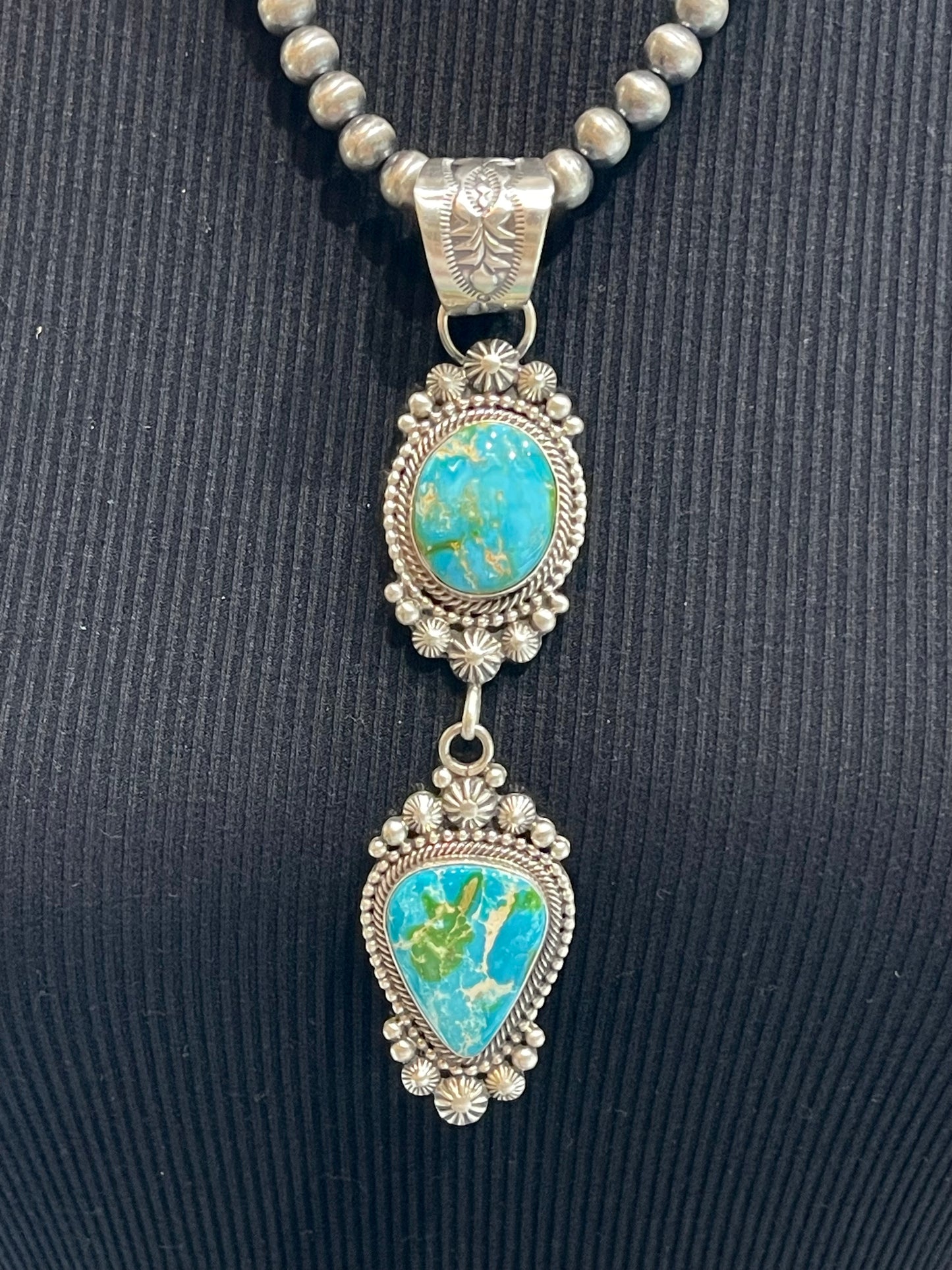20" 6mm Navajo Style Pearl 2 Stone Sonoran Gold Turquoise Pendant by Tom Lewis, Navajo