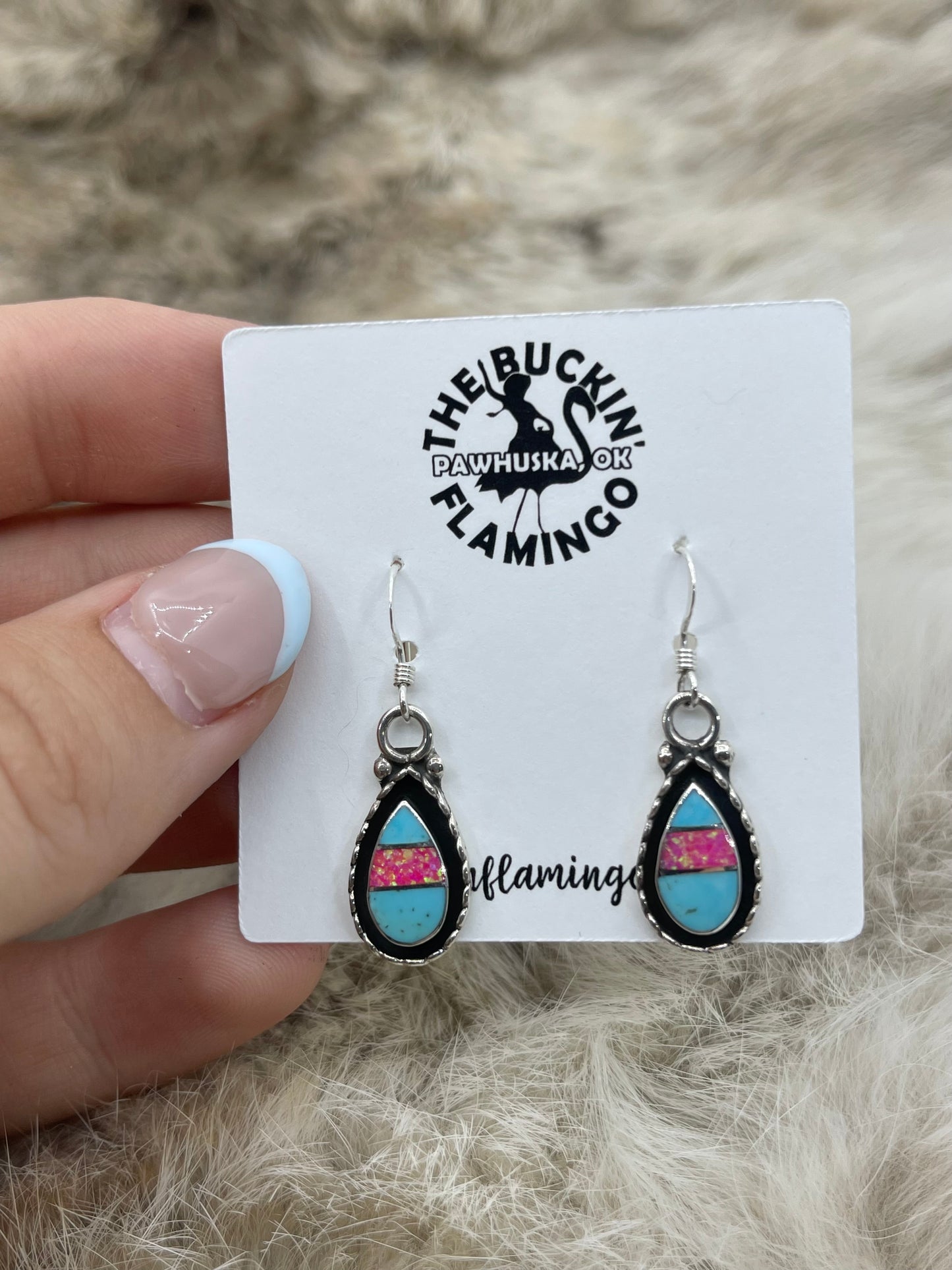 Turquoise & Pink Opal Teardrop Earrings by Faye Lowsayatee, Zuni