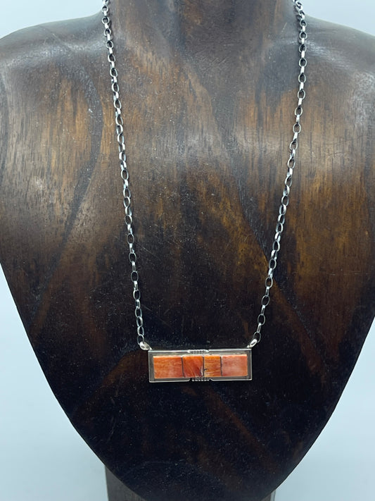 18" Orange Spiny Oyster Shell Inlay Bar Necklace by Steve Francisco, Navajo