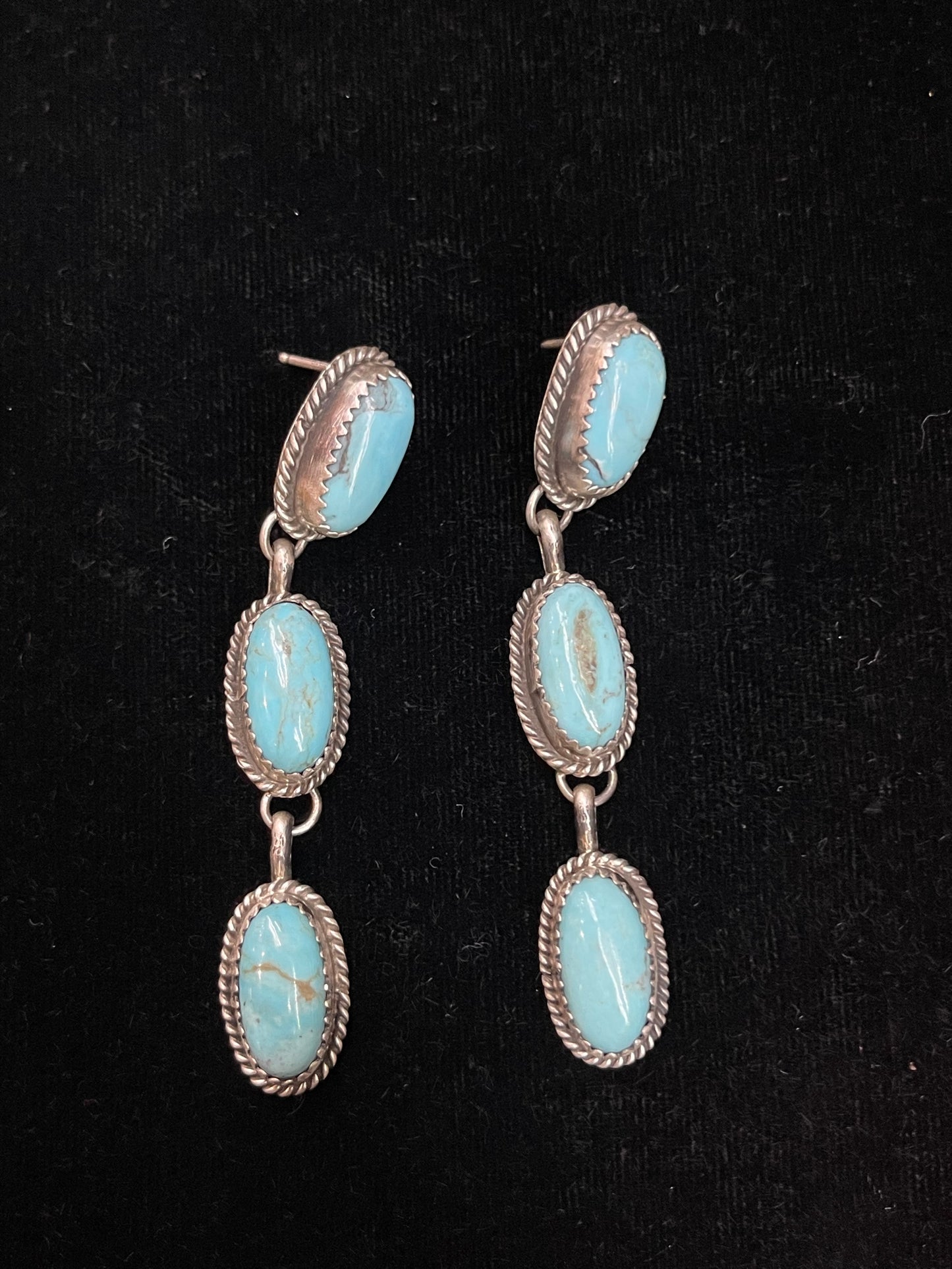 3 Stone Turquoise Post Dangle Earrings by Freda Martinez, Navajo