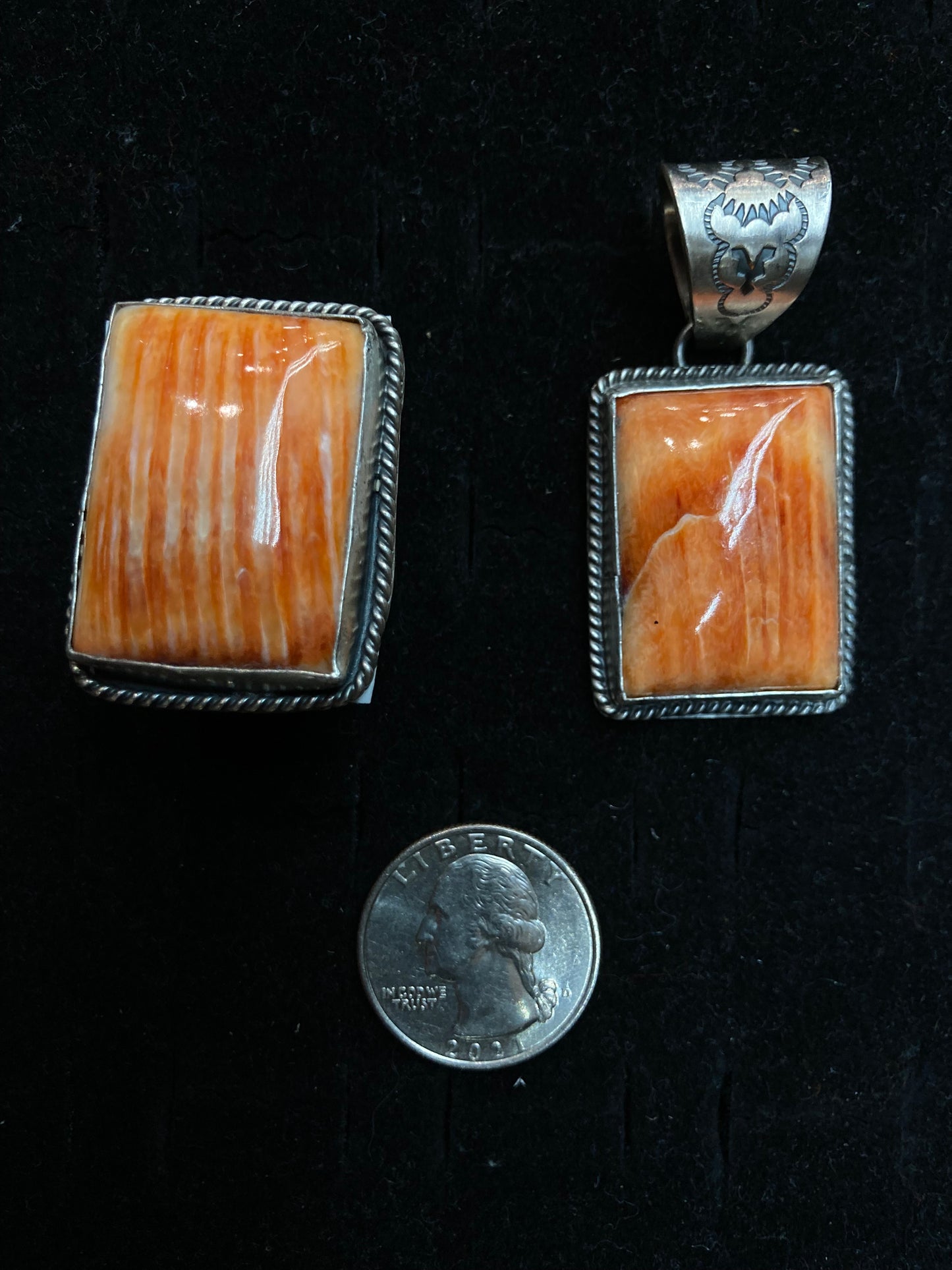 11.0 Orange Spiny Oyster Ring and 12mm Bale Pendant Set by Begay, Navajo