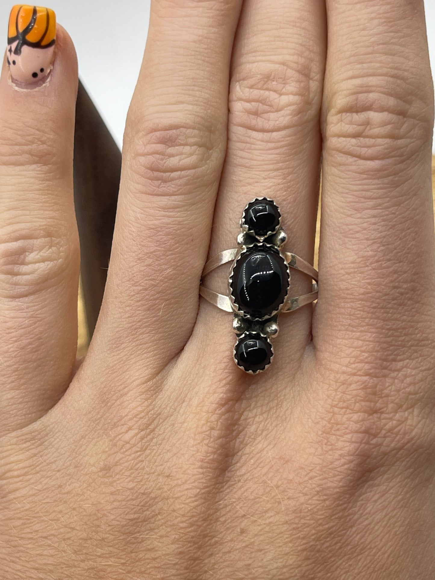 7.5 3 Stone Black Onyx Ring by Annette Martinez, Navajo