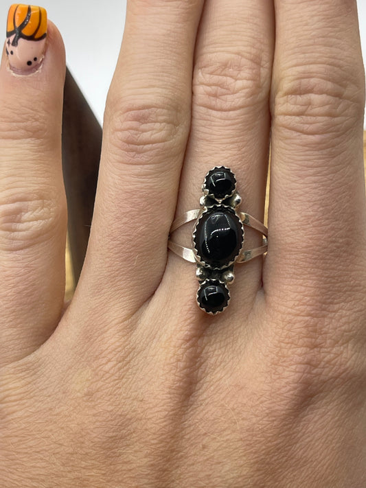7.5 3 Stone Black Onyx Ring by Annette Martinez, Navajo