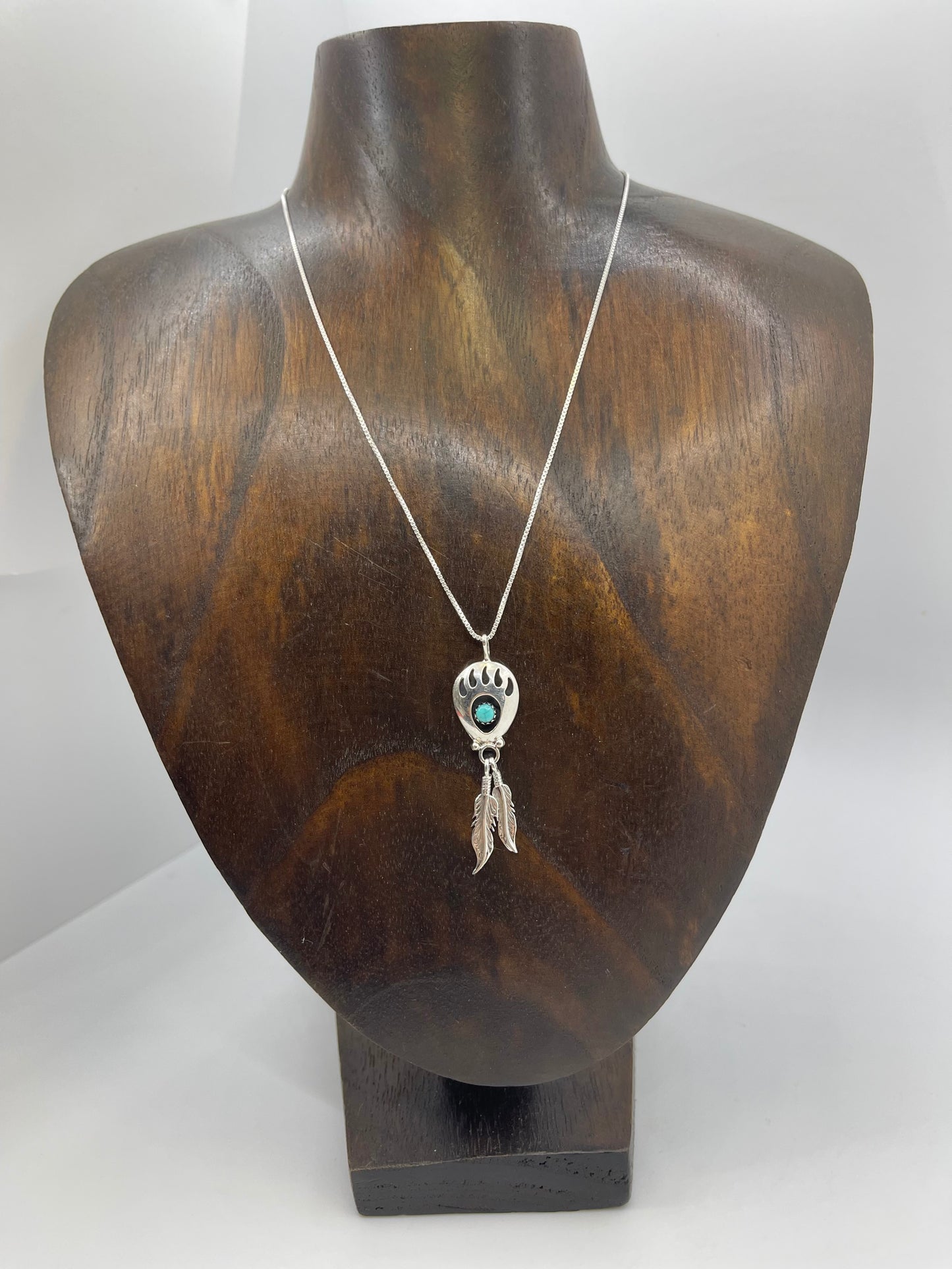 15" Bear Paw Shadowbox Necklace with Hanging Feather Pendant by Annie Spencer