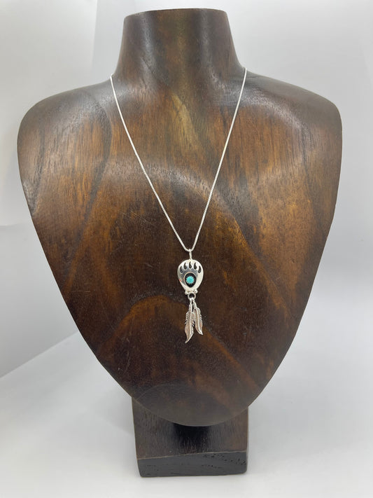 15" Bear Paw Shadowbox Necklace with Hanging Feather Pendant by Annie Spencer