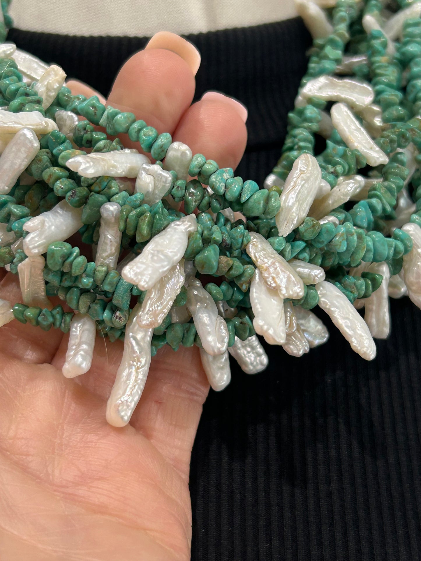 21" Royston Turquoise & Fresh Water Pearl 12 Strand Necklace
