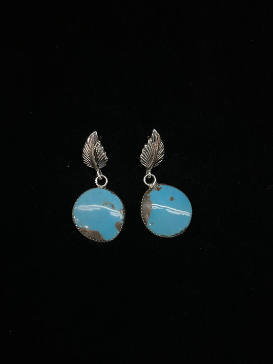 Kingman Turquoise Feather Post Dangle Earrings by Hiram Largo, Navajo